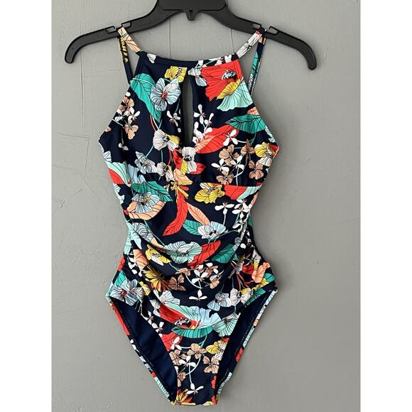 Ellen Tracy Keyhole High Neck One Piece Swimsuit Tropical Floral Size 6 Ruching - Picture 4 of 16